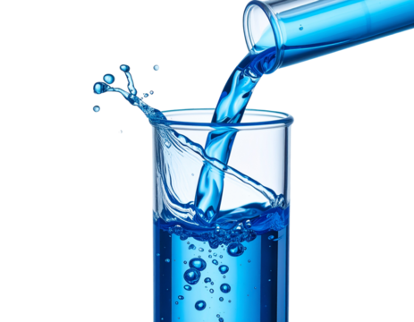 Single Test Tube Tipped at an Angle with Blue Liquid Pouring Out, Dynamic Composition, Transparent Background - Powered by Adobe
