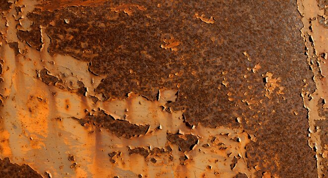 Closeup of weathered peeling orangebrown metal surface showing rust  degradation