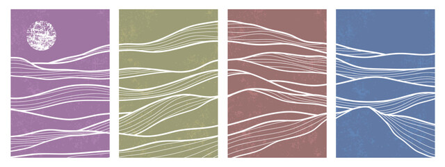 Set of mountain line art backgrounds, luxury wallpaper designs for covers, invitation backgrounds, white line designs, wall art and prints. Vector illustration.