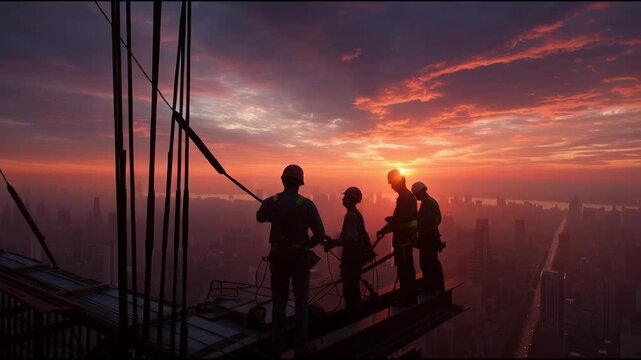Construction workers welding high beams on a skyscraper at sunrise elevated urban risk photography