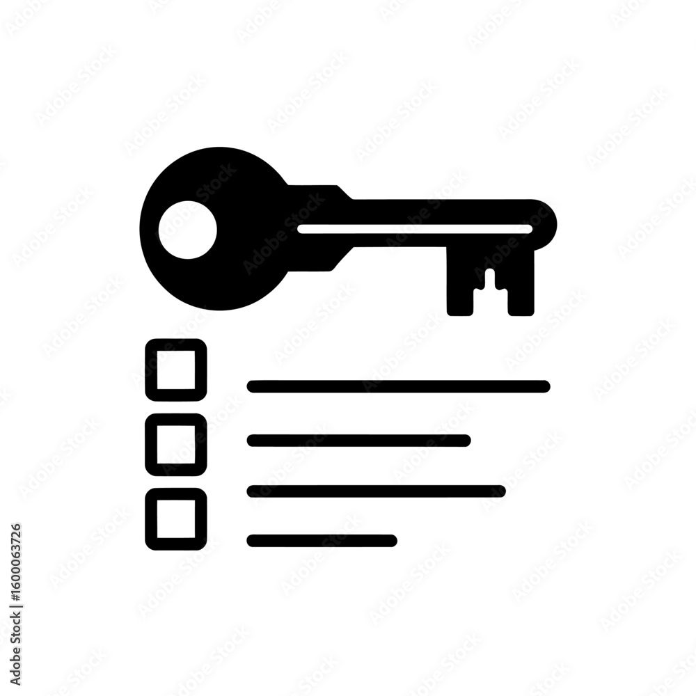Poster black key icon with a checklist and three lines representing tasks or options