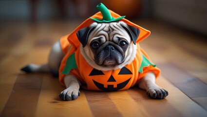 A close-up of a pug dressed in a jack-o'-lantern costume, sitting on the floor
