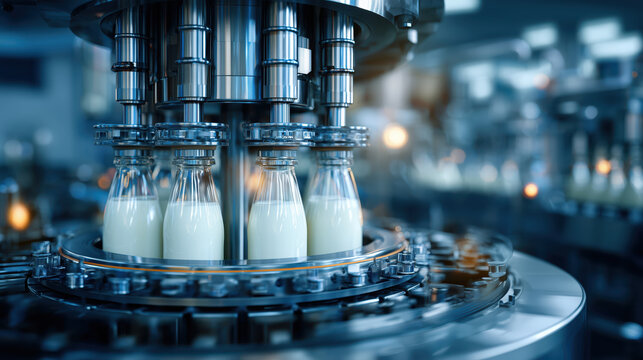 Automated milk filling line in modern factory with machinery, showcasing efficiency and precision