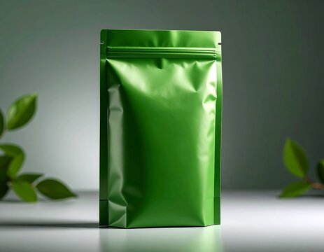 Green pouch packaging mockup with plant leaves on a table against a green background