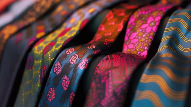 A collection of differently colored ties displayed on a rack for selection