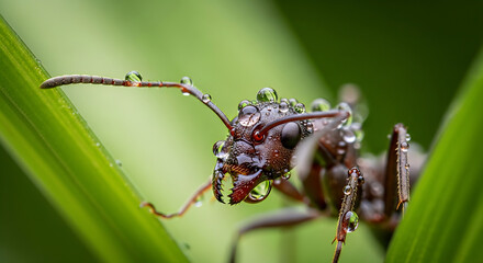 Fototapeta premium Close-up macro shot of a red ant with water droplets on green leaves