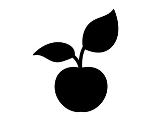 Black silhouette of a healthy apple with two leaves on white background