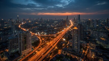 Spectacular Bangkok Cityscape at Night with Illuminated Roads and Buildings