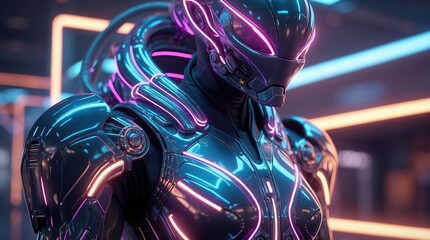 Alien tech infused armor suit reflecting neon lights. 