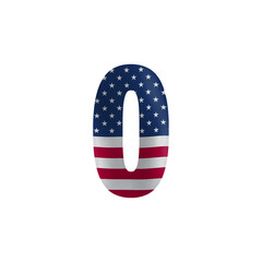 Digit "0" rendered with the American flag design, isolated on white background.