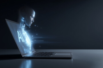 Futuristic AI Digital Assistant Displayed as a Glowing Hologram Next to a Laptop in a Modern Tech Environment

