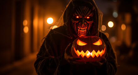 A menacing figure in tattered robes holds a glowing jack-o'-lantern. Its face is obscured by a nightmarish, glowing mask, creating a truly scary scene