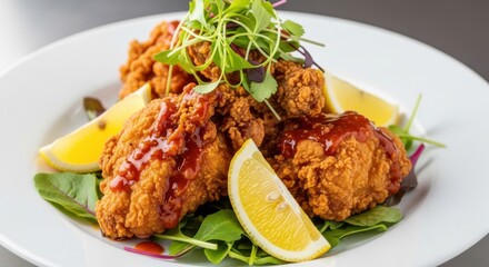 Crispy Fried Chicken Appetizer with Lemon and Greens