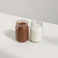 chocolate jam and milk in separate jars with a warm atmosphere