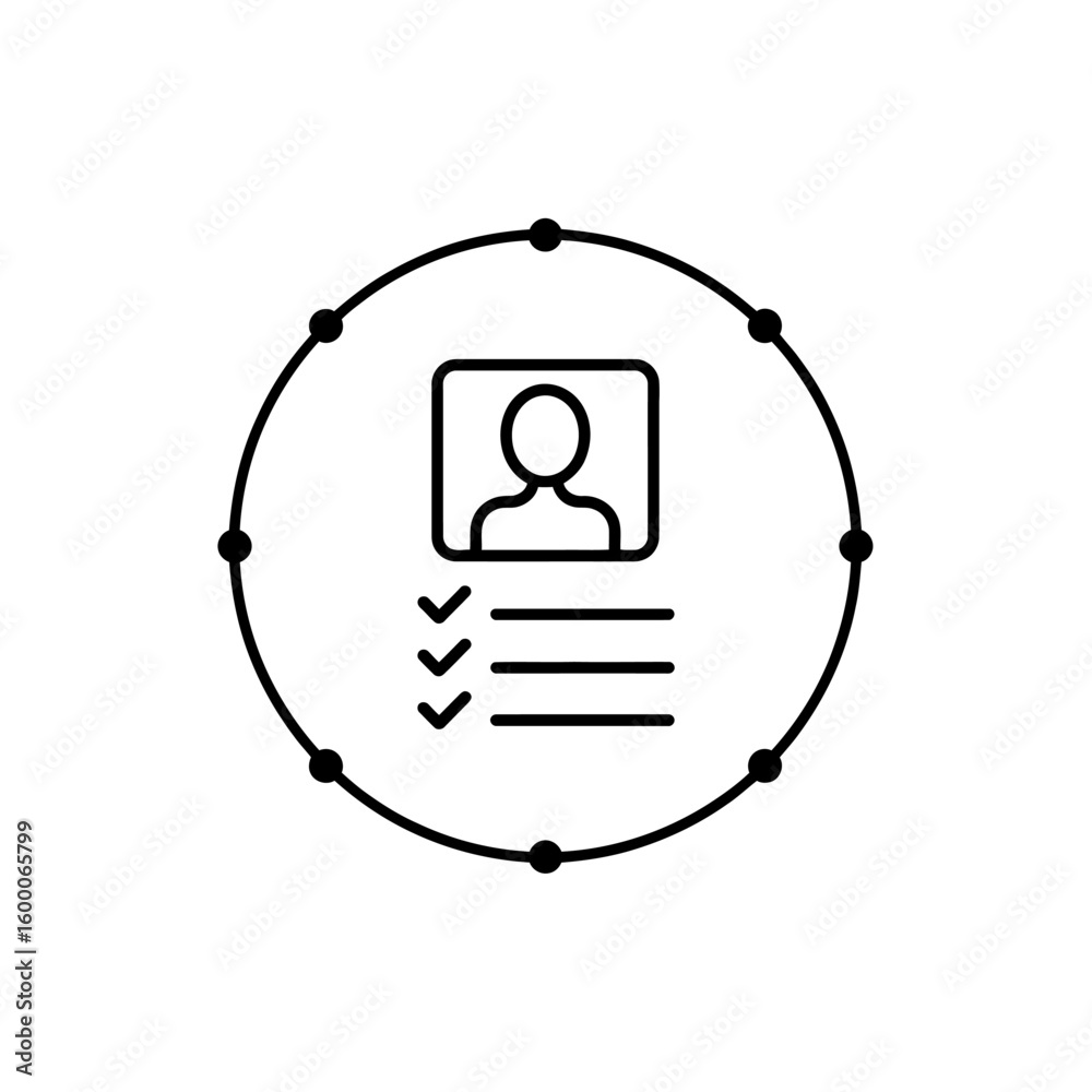 Poster simple icon representing a person s profile with a checklist and a circular border