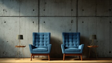Modern concrete room with armchairs