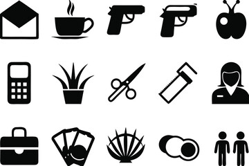 Obraz premium Black and white icons of common objects and people set of silhouettes
