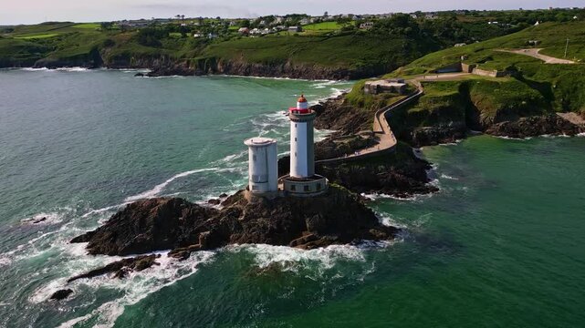 Approaching drone movement to the famous Petit Minou lighthouse construction, Plouzan&eacute;, Finist&egrave;re, Brittany, France.