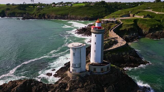 Orbiting drone movement around the charming Petit Minou lighthouse, Plouzan&eacute;, Finist&egrave;re, Brittany, France.