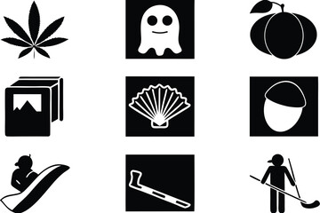 Black and white icons of nature objects and people set of silhouettes