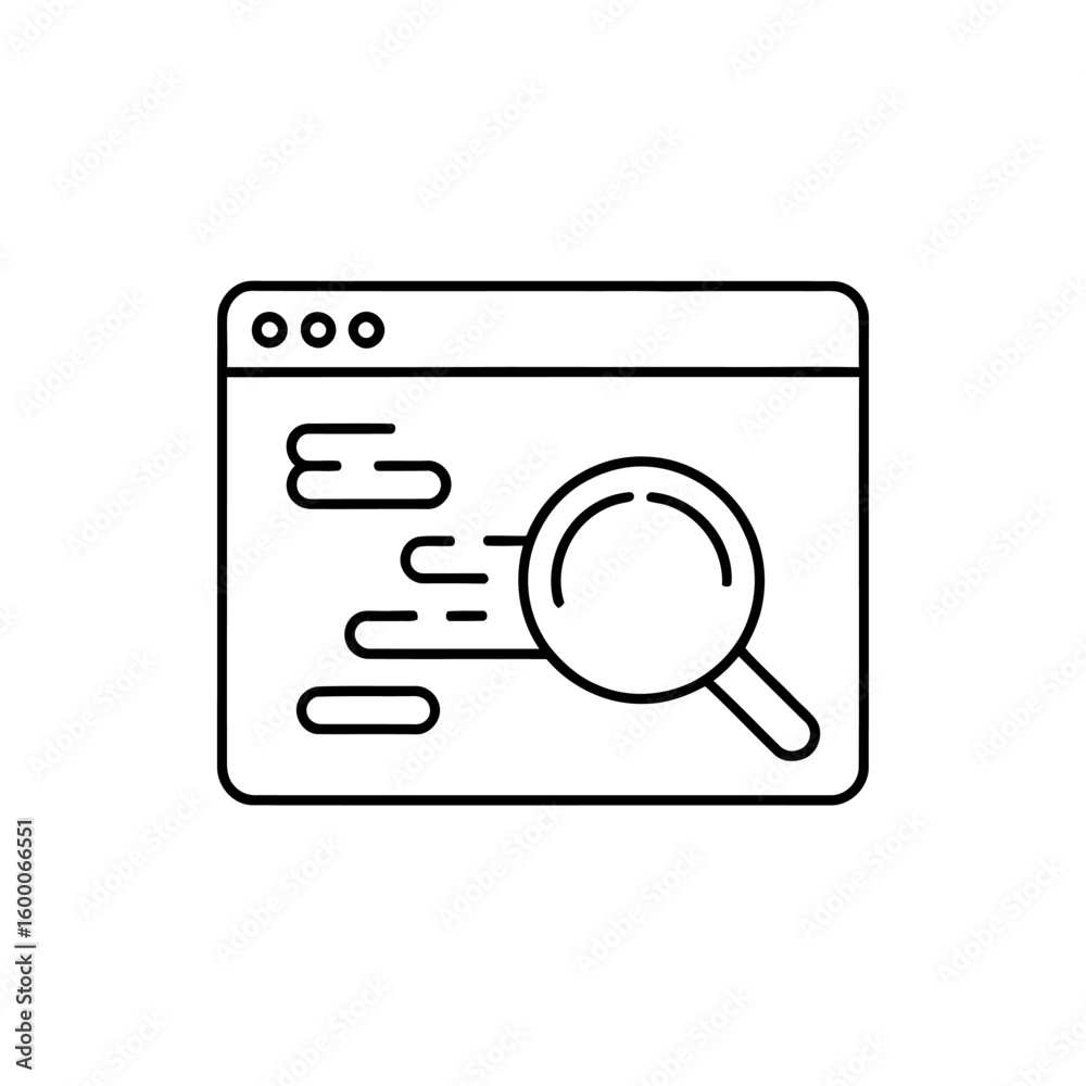 Poster magnifying glass icon over a browser window with abstract data lines and dots