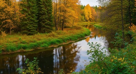 Golden Autumn Forest River Serenity with Colorful Trees and Lush Greenery