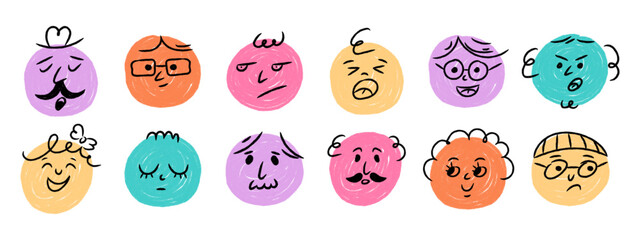 Abstract crayon emoji face icons. Hand drawn cartoon emoticons with different emotions. Vector doodle character set.
