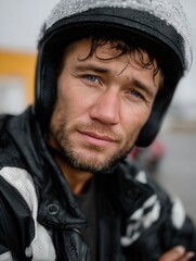 Close-up of a smiling young man in a motorcycle helmet and rain gear after riding in the rain