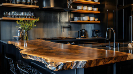 Modern Kitchen with Live Edge Wood Countertop and Dark Cabinets