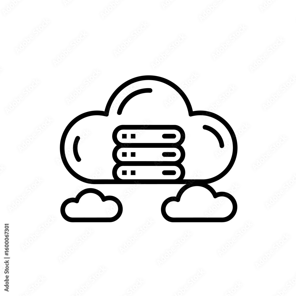 Poster cloud computing icon with stacked servers and smaller clouds