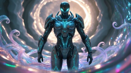 Fototapeta premium Alien-tech armored frame standing in vortex.