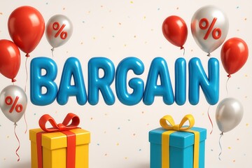 Colorful balloons and gift boxes surround the large blue text "BARGAIN," with red percentage symbols, emphasizing a festive sale or discount theme.