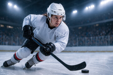 Photorealistic female hockey player skating with puck under dramatic stadium lights. Concept of determination, speed, teamwork, and elite performance in women's competitive hockey.