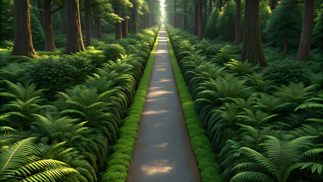 Lush forest path lined with ferns and trees walkway - Powered by Adobe