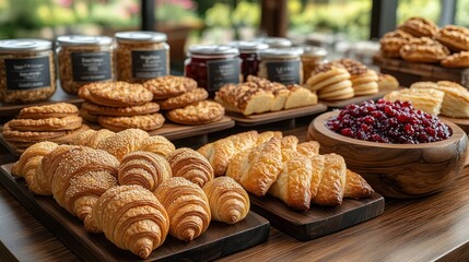 Variety of pastries and jams displayed on wooden platters