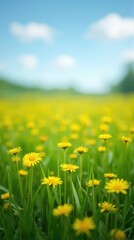 Fototapeta premium A field of vibrant yellow flowers in lush green grass.