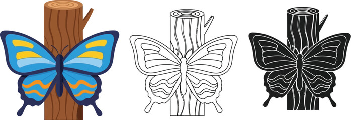 Obraz premium Butterfly on tree trunk vector illustration in color outline and silhouette style for design projects