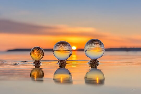 Three glass spheres reflecting a vibrant sunrise over calm water