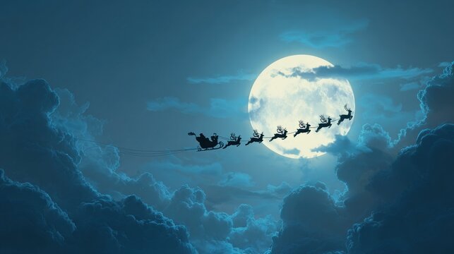 Santa's sleigh flying at night