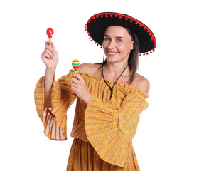 Smiling woman in black Flamenco hat and dress playing maracas on white background