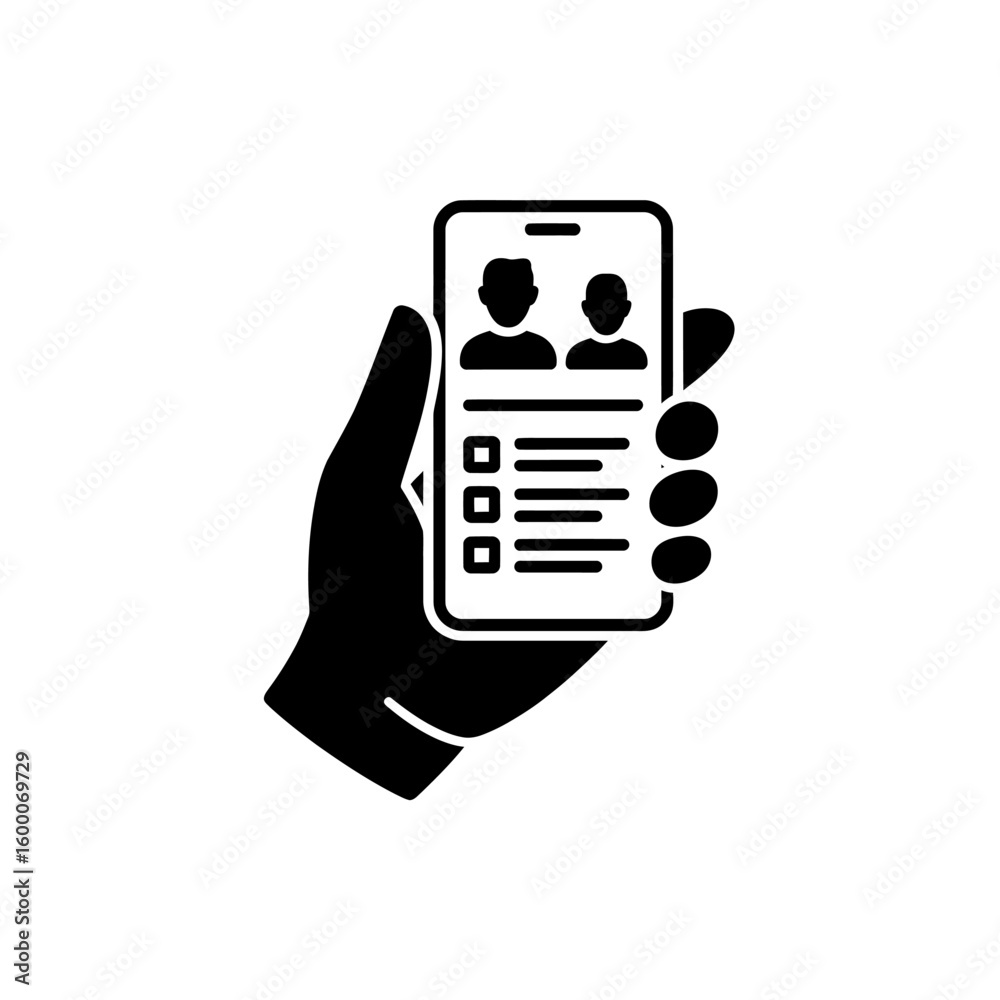 Poster hand holding smartphone displaying user profiles and checklist for selection
