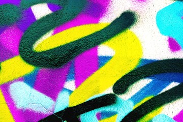 Bold graffiti street art in neon yellow, green, purple. Y2K style, vibrant colors, urban texture. Posters, digital art, modern 90s, 2000s, y2k creative banner, summer visuals.