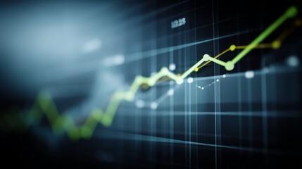 Closeup of a digital display with vibrant green rising trendlines on a dark blue grid background symbolizing financial growth and market success with ample space for text