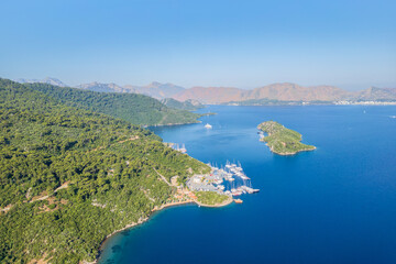 Adakoy coastline drone view in Marmaris Town of Turkey