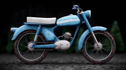 A dusty light blue vintage moped with white accents rests on a textured surface with a dark blurred background