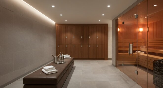 Luxurious modern spa interior with a serene locker room and glass-walled sauna, a perfect setting for wellness and relaxation.