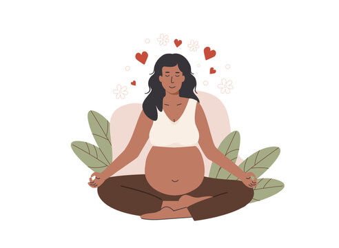 Pregnant woman practicing prenatal yoga in lotus pose for birth preparation and relaxation. Natural birth and positive birth experience. Flat Style Vector Illustration isolated on white background.