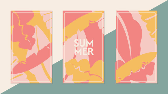 Modern abstract summer leaf cover set, minimalist cover design. Clean and colorful background, vector illustration.