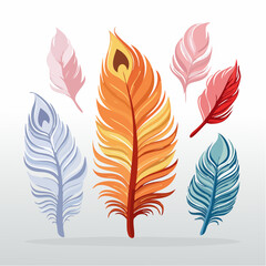 Obraz premium A vibrant set of six stylized bird feathers in multiple colors, including a peacock design. Decorative vector illustration.