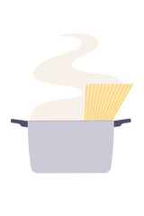 Cooking pot with boiling water and spaghetti inside. Hot steam rising during pasta preparation, front view. Simple illustration, stock flat vector, isolated.